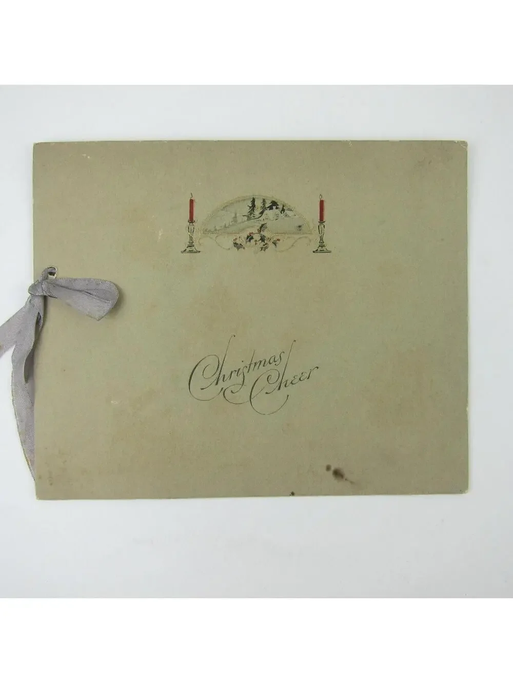 Antique Christmas Card Red Candle Sticks Snowy House Trees Holly Berries Ribbon